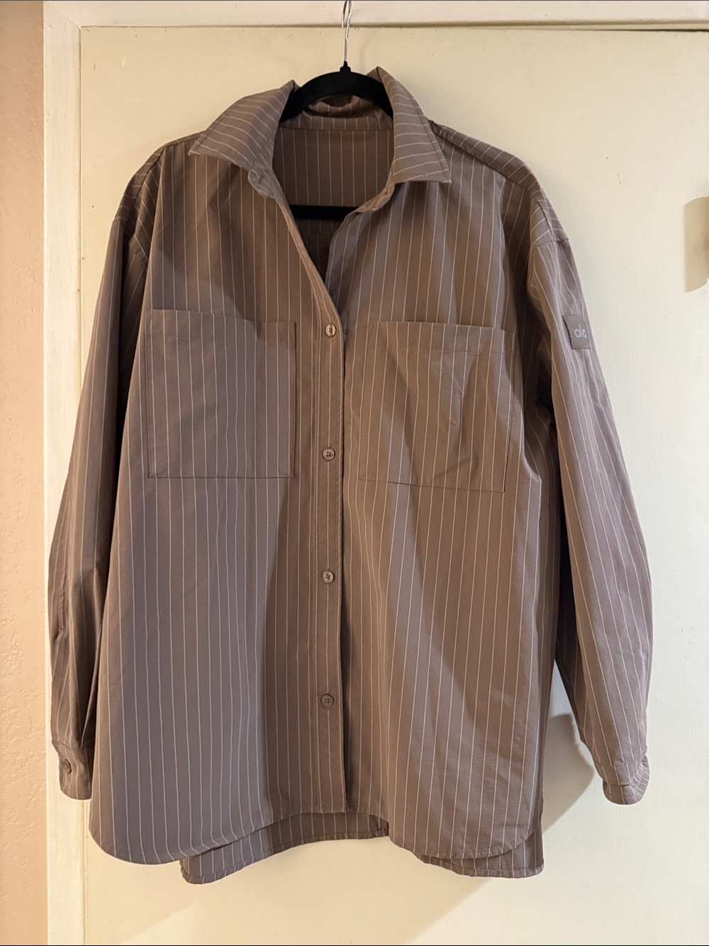 Alo Yoga Pinstripe Daylight Button Down Shirt Mushroom Ivory Oversized
